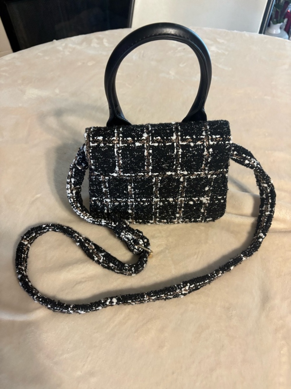 Black & White Tweed Top-HandleCrossbody Bag